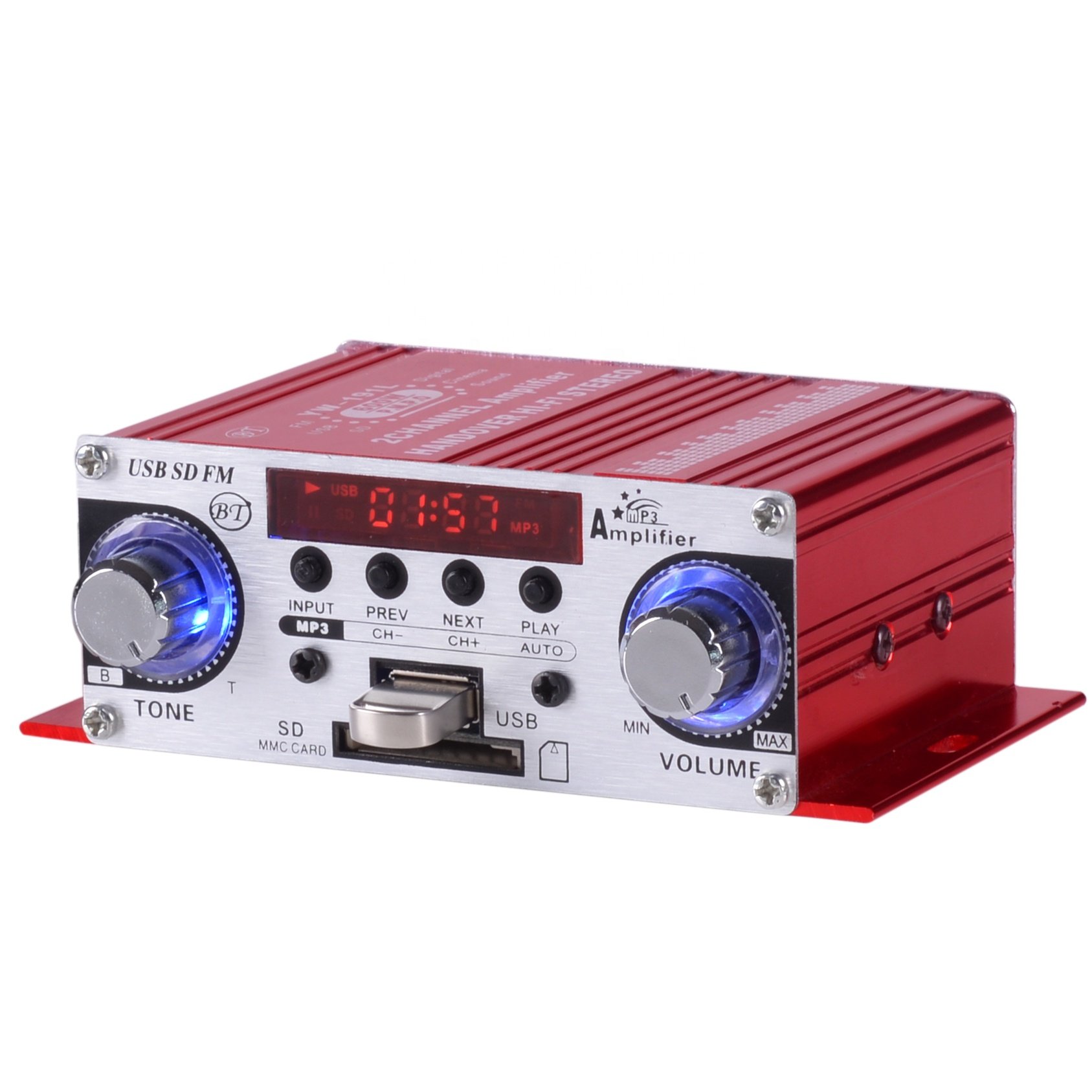 New Mini Professional Car Amplifier YW-191L with BT FM USB SD TF AUX Function and Blue LED Flash Light 12V Power